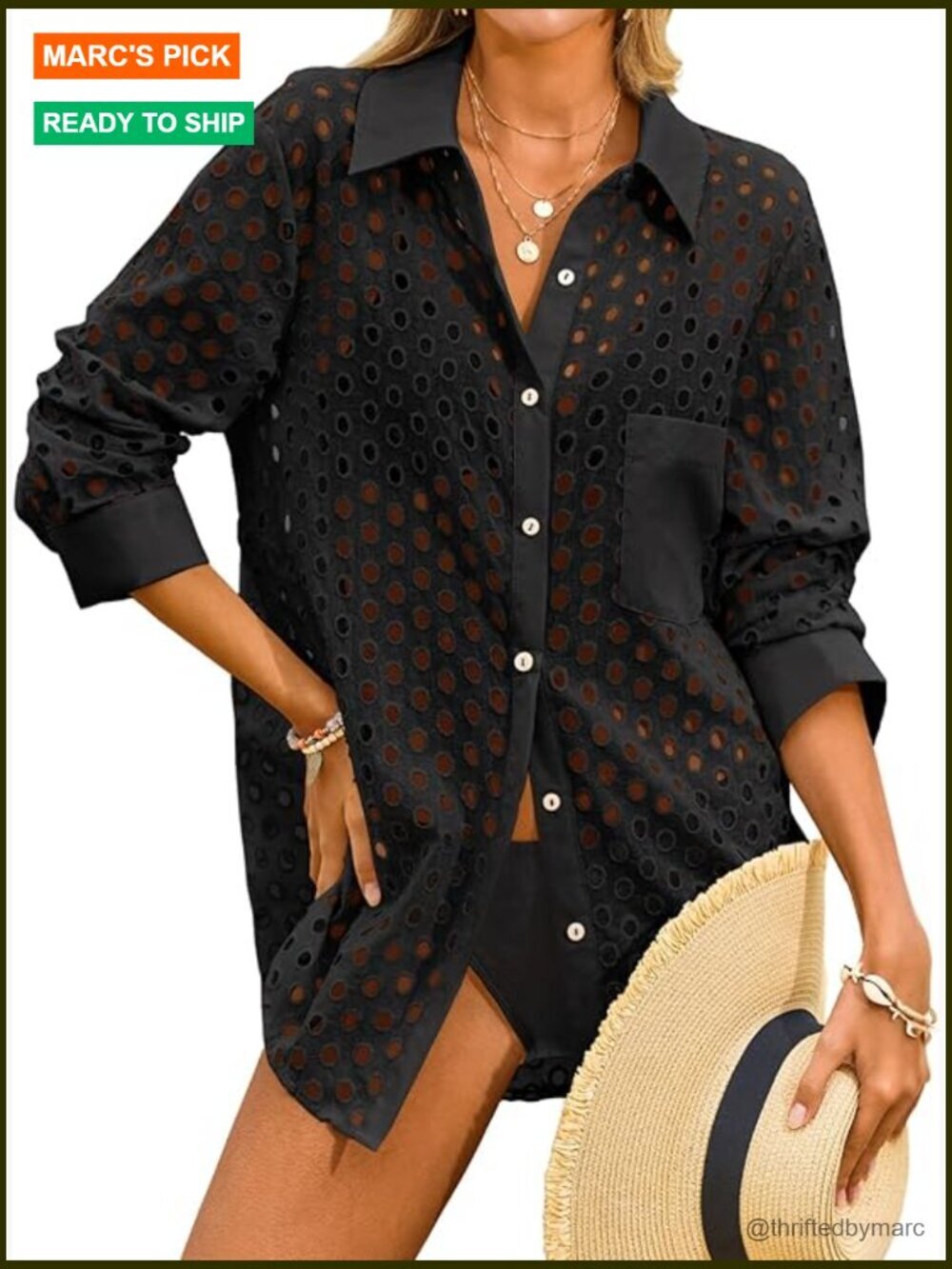 Hollow Out Swimsuit Coverup Button Down Beachwear Long Sleeve Shirt